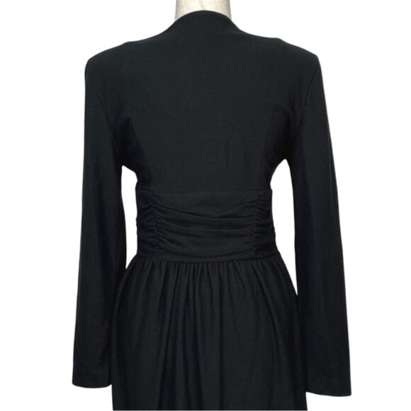 Leslie Lucks Vintage 80s Wool Blend Black Faux Wrap Midi Dress Size 12 - Picture 8 of 9